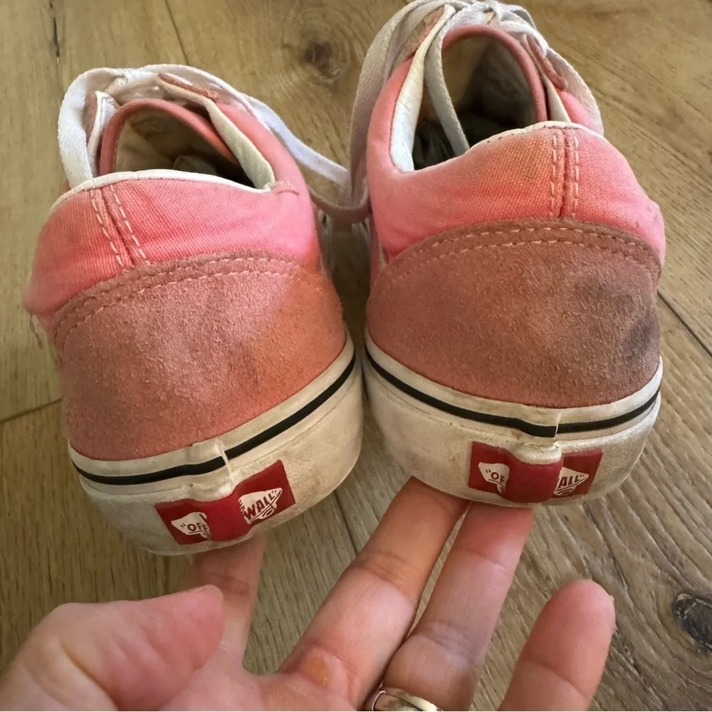 Pink and white Vans sneakers, lace up, suede tips, size 9.5 M or 11 W.